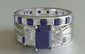 3.6ct Emerald Cut Blue Sapphire Engagement Ring Trio Set 14k White Gold Finish