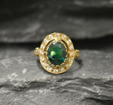 2.7ct Oval Cut Green Emerald Vintage Inspired Halo Ring 14k Yellow Gold Finish