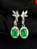 2.7ct Drop Earrings Oval Cut Green Emerald Floral Halo 14k White Gold Finish