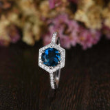 2ct Round Blue Sapphire Hexagon Diamond Halo Engagement Ring 14k White Gold Over