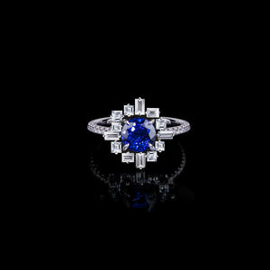 2ct Round Blue Sapphire Diamond Baguette Halo Art Deco Ring 14k White Gold Over