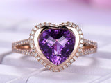 2ct Heart Cut Purple Amethyst Engagement Ring 14k RoseGold Over Halo Split Shank