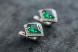 2ct Stud Earrings Princess Cut Green Emerald Diamond Halo 14k White Gold Finish