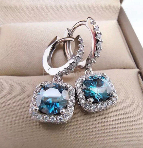 2ct Round Cut Simulated Blue Sapphire Halo Dangle Earrings 14k White Gold Plated