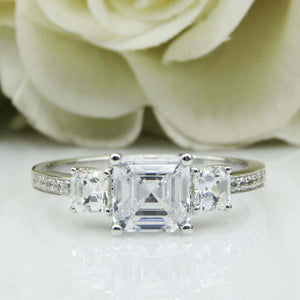 2.2ct Asscher Cut Diamond Solitaire with Accent Trilogy Ring 14k White Gold Over