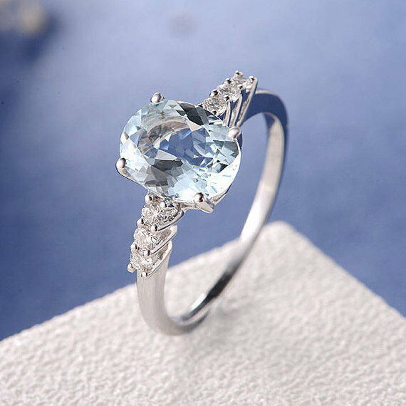 1.5ct Oval Cut Blue Aquamarine Engagement Ring 18k White Gold Finish Solitaire