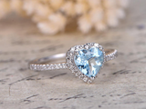 2ct Heart Cut Blue Aquamarine Heart Shaped Diamond Halo Ring 14k White Gold Over