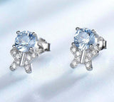 2ct Stud Earrings Round Cut Blue Aquamarine Butterfly Teddy 14k WhiteGold Finish