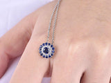 2ct Round Cut Blue Sapphire Pendant with Chain Double Halo 14k White Gold Finish