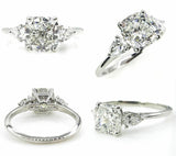 4Ct Cushion Cut Diamond Trilogy Engagement Ring 14K White Gold Over Pear Accents