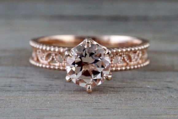 1ct Round Cut Peach Morganite Engagement Ring 14k RoseGold Over Beaded Solitaire