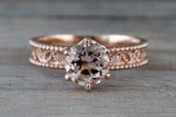 1ct Round Cut Peach Morganite Engagement Ring 14k RoseGold Over Beaded Solitaire