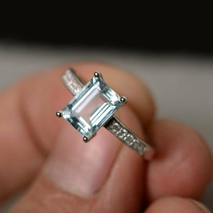 1ct Emerald Cut Blue Aquamarine Engagement Ring 18k White Gold Finish Solitaire