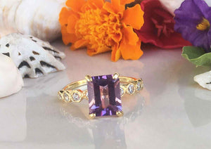 2ct Emerald Cut Purple Amethyst Round Diamond Accent Ring 14k Yellow Gold Finish