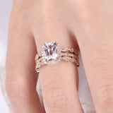 3ct Cushion Cut Peach Morganite Halo Trio Set Engagement Ring 14k Rose Gold Over