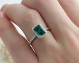 1.5ct Green Emerald Cut Halo Solitaire with Accents Ring 14k White Gold Finish