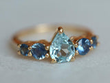 1.5ct Engagement Ring Pear Cut Blue Aquamarine Five Stone 14k Yellow Gold Finish