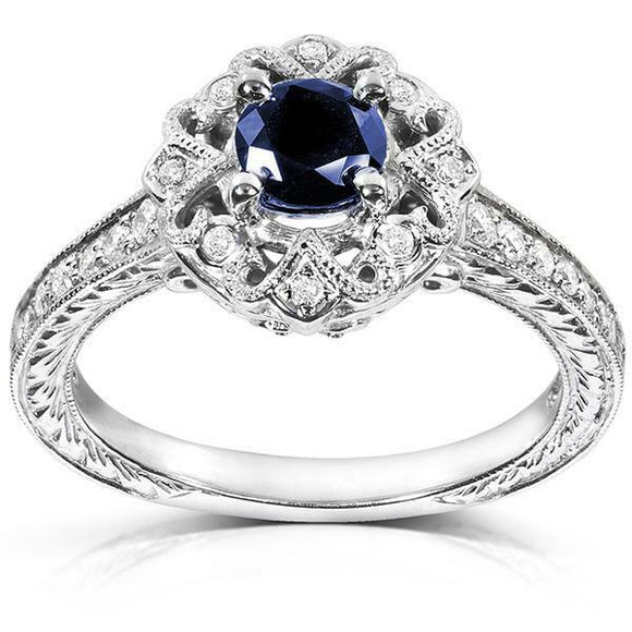 2Ct Round Cut Blue Sapphire Diamond Vintage Engagement Ring 14K White Gold Over