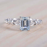 1.6ct Emerald Cut Blue Aquamarine Trilogy Solitaire Ring 14k White Gold Finish