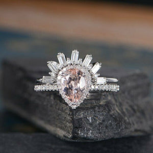 2ct Pear Cut Peach Morganite Engagement Ring 14k White Gold Over Halo Bridal Set