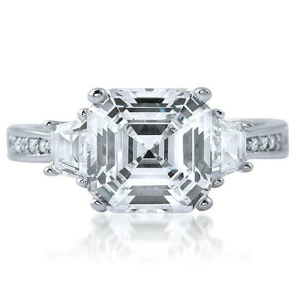 3.85ct Asscher Cut Diamond Engagement Ring Unique Trilogy 14k White Gold Finish