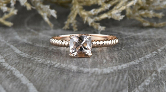 1ct Cushion Cut Peach Morganite Engagement Ring 14k RoseGold Over Rope Solitaire