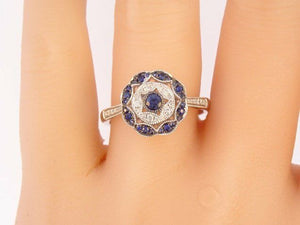 4Ct Round Cut Blue Sapphire Diamond Art Deco Engagement Ring 18K White Gold Over