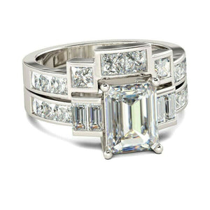 4Ct Emerald Cut Diamond Elegant Bridal Set Engagement Ring 14K White Gold Finish