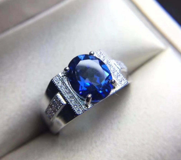 3.45ct Oval Cut Blue Sapphire Stylish Engagement Men Ring 14k White Gold Finish