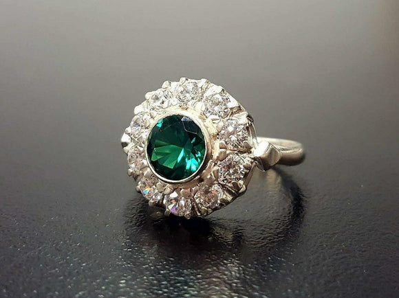 2.8ct Engagement Ring Round Cut Green Emerald Vintage Halo 14k White Gold Finish