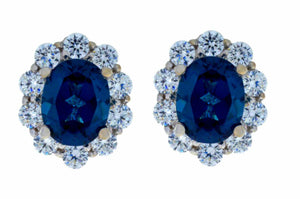 2ct Stud Earrings Oval Cut Blue Sapphire Diamond Halo 14k White Gold Finish