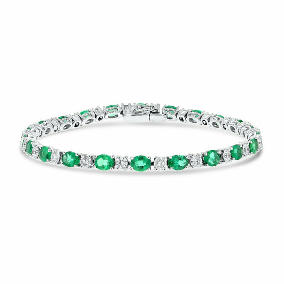 20Ct Oval Green Emerald and Diamond Queens Tennis Bracelet 14K White Gold Finish