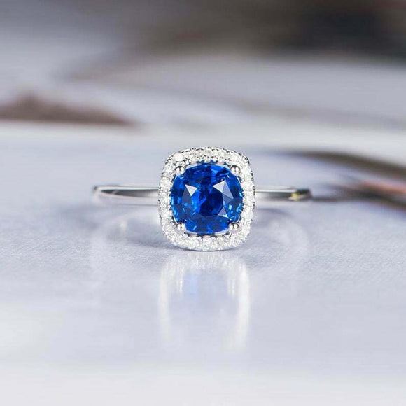 1.4ct Round Cut Blue Sapphire Engagement Ring Halo Solitaire 14k White Gold Over