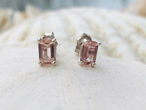 1.4ct Stud Earrings Emerald Cut Peach Morganite Solitaire 14k White Gold Finish