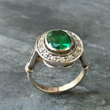 2.4ct Oval Cut Green Emerald Vintage Inspired Halo Ring 14k White Gold Finish