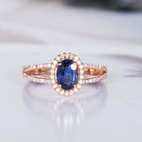 2.2ct Oval Cut Blue Sapphire Engagement Ring Halo Split Shank 14k Rose Gold Over