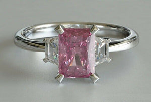 2.5ct Radiant Pink Sapphire Trapezoid Accents Trilogy Ring 14k White Gold Finish