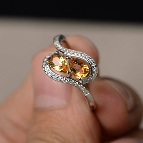 2ct Pear Cut Yellow Citrine Swirl Unique Engagement Ring 14k White Gold Finish