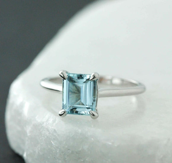 1.3ct Emerald Cut Blue Aquamarine Solitaire Engagement Ring 14k WhiteGold Finish