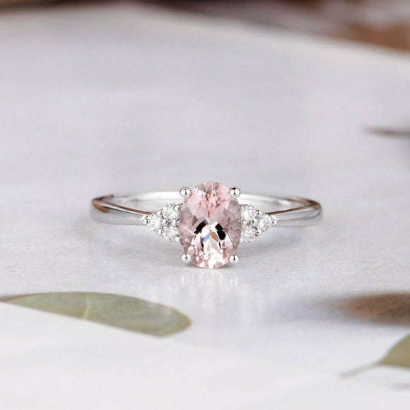 1.3ct Oval Cut Peach Morganite Engagement Ring Diamond Accent 14k WhiteGold Over