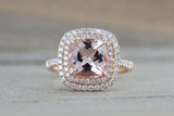 2ct Cushion Cut Peach Morganite Engagement Ring Double Halo 14k Rose Gold Finish