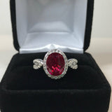 2ct Oval Cut Pink Ruby Halo Split Band Engagement Ring 14k White Gold Finish