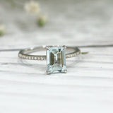 4Ct Emerald Cut Aquamarine Diamond Accents Solitaire Ring 14K White Gold Finish