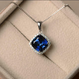 2ct Blue Sapphire Pendant Cushion Cut Diamond Halo 14k WhiteGold Finish NO CHAIN