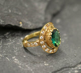 2.7ct Oval Cut Green Emerald Vintage Inspired Halo Ring 14k Yellow Gold Finish