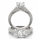 2ct Princess Cut Diamond Milgrain Vintage Engagement Ring 14k White Gold Finish