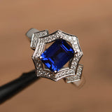 1.5ct Emerald Cut Blue Sapphire Solitaire Engagement Ring 14k White Gold Finish