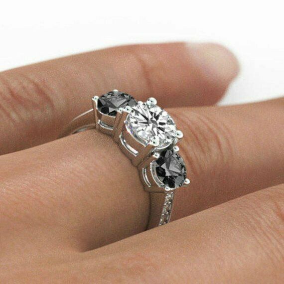 2ct Round Cut Black Diamond Three Stone Engagement Ring 14k White Gold Finish