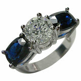 3.2ct Round Cut Diamond and Blue Sapphire Trilogy Ring 14k White Gold Finish