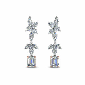 3ct Emerald Cut Diamond Cluster Drop Earring Women 14k White Rose Gold Finish